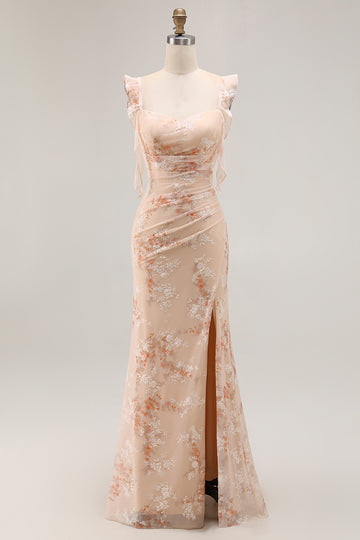 Champagne Floral Sheath Long Bridesmaid Dress With Slit